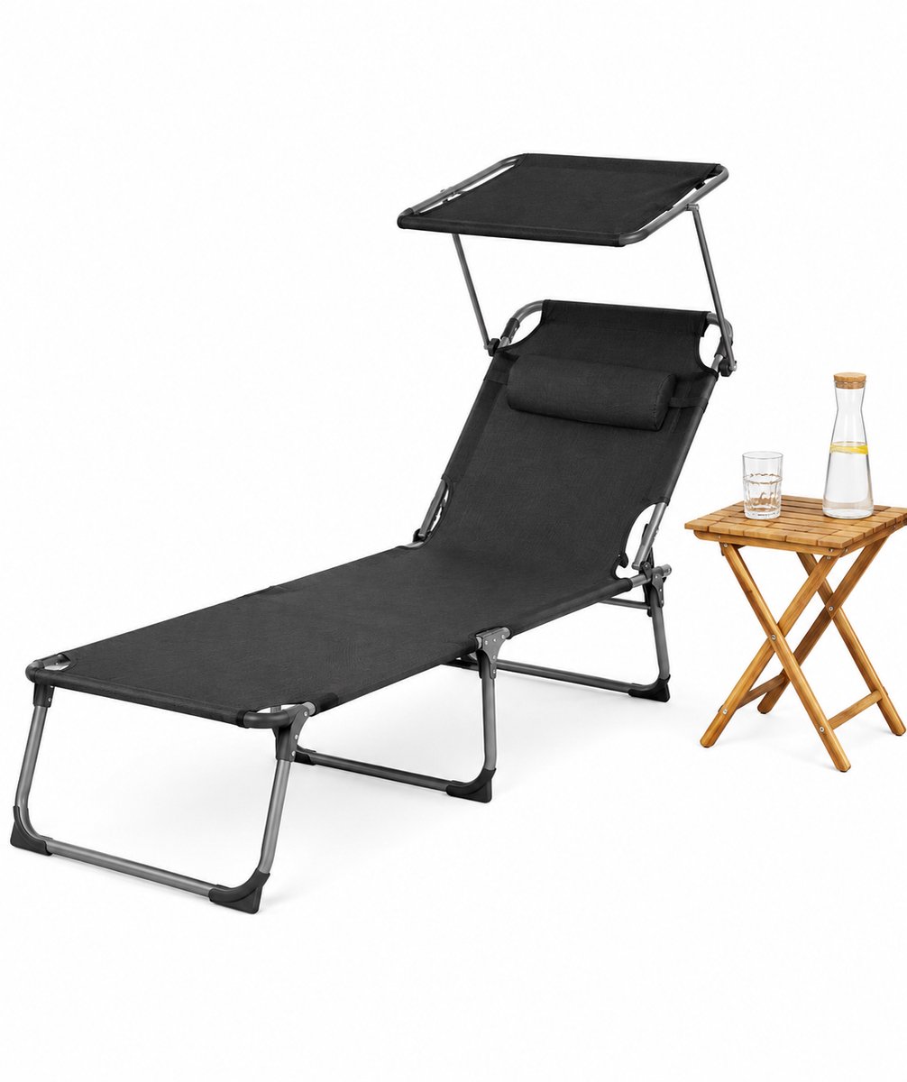 Velmio Ligstoel - Zonnebed - Loungestoel - Met Zonwering - 193x53x29 cm - Verstelbare Rugleuning - Donker Grijs