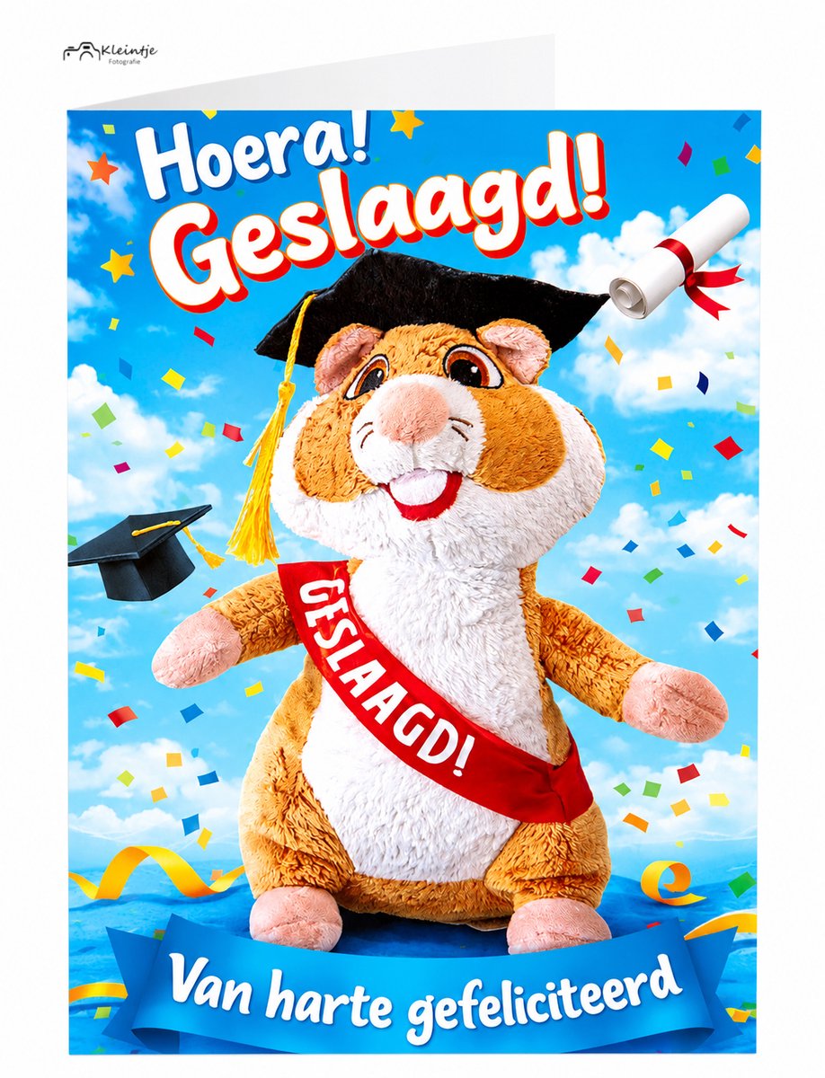 Geslaagd wenskaart – Hamster felicitatiekaart voor eindexamen & diploma | Kleintje Fotografie