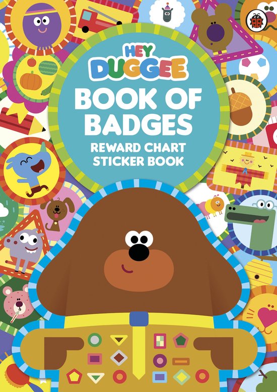 De voorkant van het 'Hey Duggee: Book of Badges' stickerboek met de personages en iconen van de show.