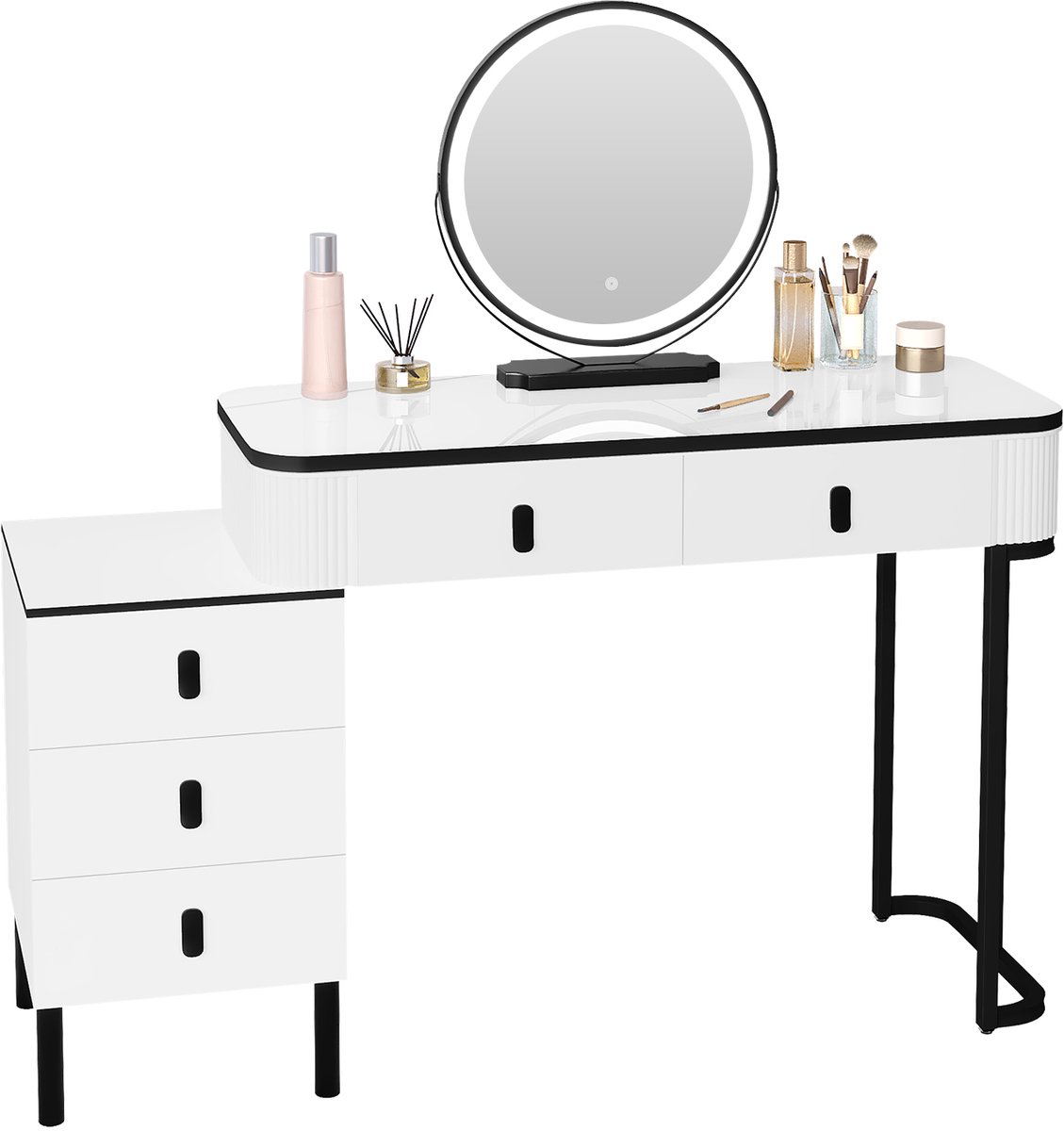 Kaptafel met LED Spiegel - Make-up Tafel - 5 Lades - Bijzetkast - Kruk - Wit Zwart - Hout MDF - 100x125x40 cm - Slaapkamer - Verstelbare Lichtkleur USB
