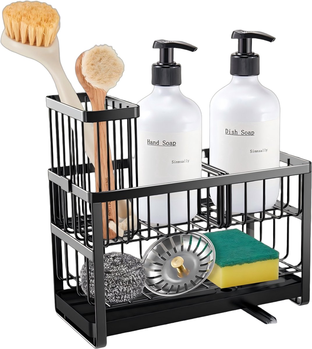 2-Laags Keuken Organizer voor Spoelbak met Waterafvoer – Gootsteen Organizer met 360° Draaibare Uitloop – Ruimtebesparende Sink Caddy voor Spons, Borstels & Afwasmiddel – Carbon Staal met Anti-Roest Coating – Zwart