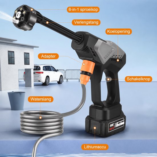 Draadloze hogedrukreiniger batterij 21V, 65 bar, auto hogedrukreiniger met 5 m slang en 6-in-1-sproeiers, 2 batterijen, elektrisch waterstraalpistool van Merkloos	 — afbeelding 2