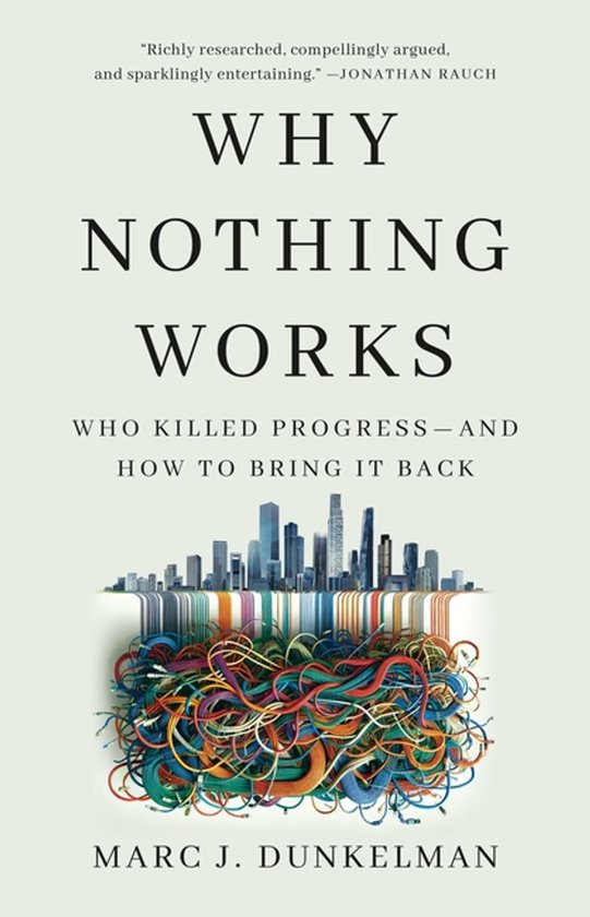 Boek kaft met de titel 'Why Nothing Works'. Een stadsgezicht boven een wirwar van gekleurde kabels.