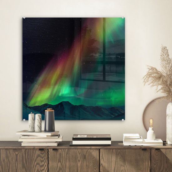 ® Glasschilderij 50x50 cm - Schilderij acrylglas - Regenboog - Aurora - Sterrenhemel - Foto op glas - Muurdecoratie woonkamer - Wanddecoratie slaapkamer - Schilderijen