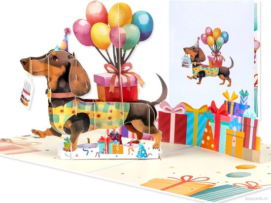 Popcards Pop-up Kaart - Verjaardagskaart Teckel Hond Dachshund – Een Feestelijke Groet op Korte Pootjes | Wenskaart 3D kaart