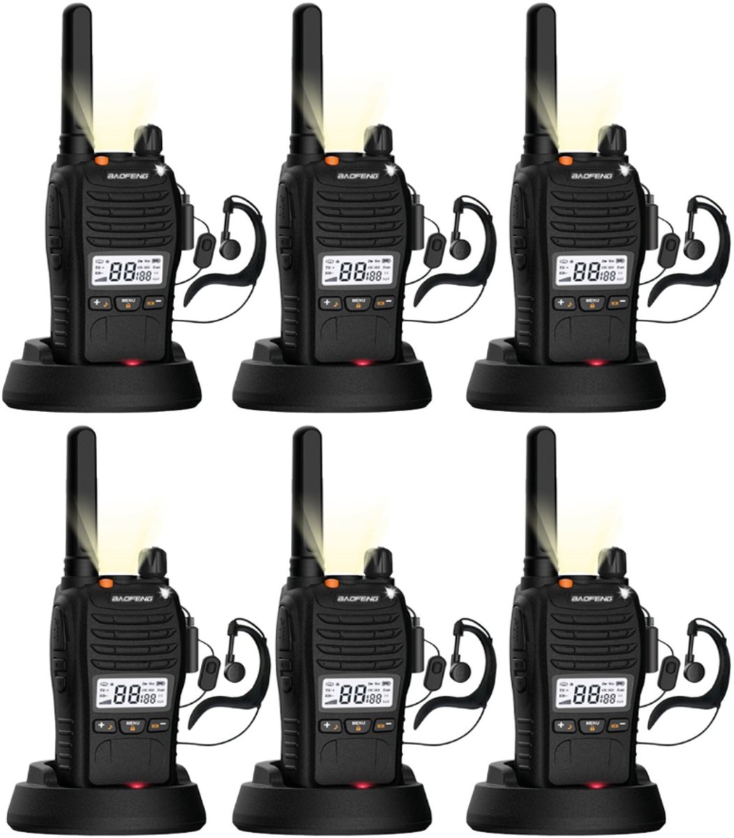 Set van 6x Baofeng E88 PMR portofoons met display - Geen vergunning nodig - Met display en headsets - Walkie Talkie - E88 portofoon