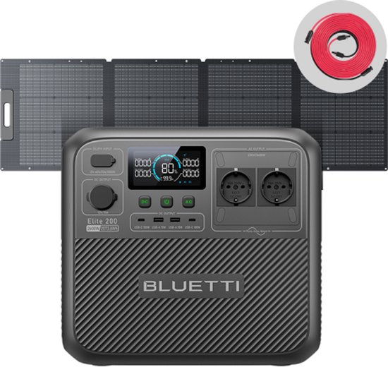 Grijze Bluetti Elite 200 powerstation met 2 uitklapbare zonnepanelen en een rode kabel.