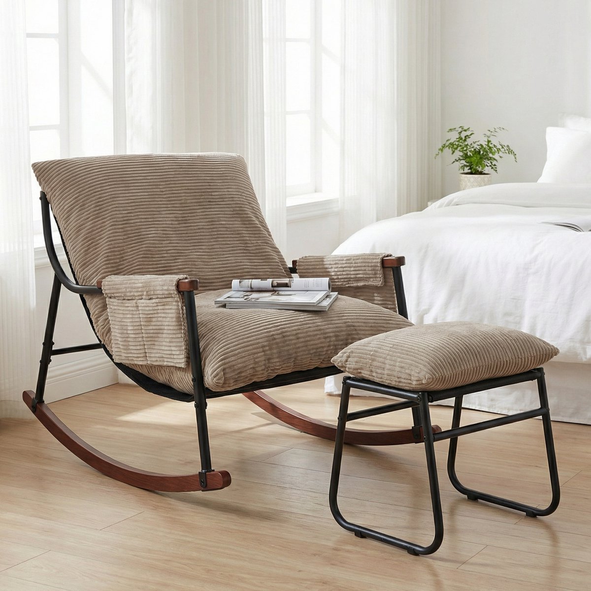 HomeMiYN Velvet Gestreepte Stof Schommelstoel – Diep Khaki – 180 kg Capaciteit – Stijlvol en Comfortabel Ontwerp – Perfect voor Woonkamer, Patio & Slaapkamer – Ergonomische Schommelstoel