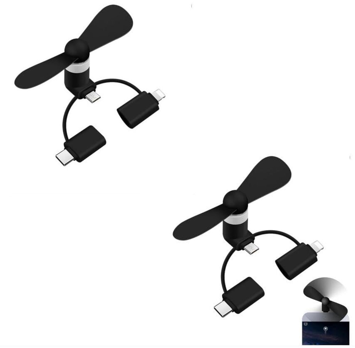 ONF3 - Mini-mobiele telefoonventilator - Draagbare USB-ventilator - Zwart - Roterende koeler - Geschikt voor smartphone - 2 stuks