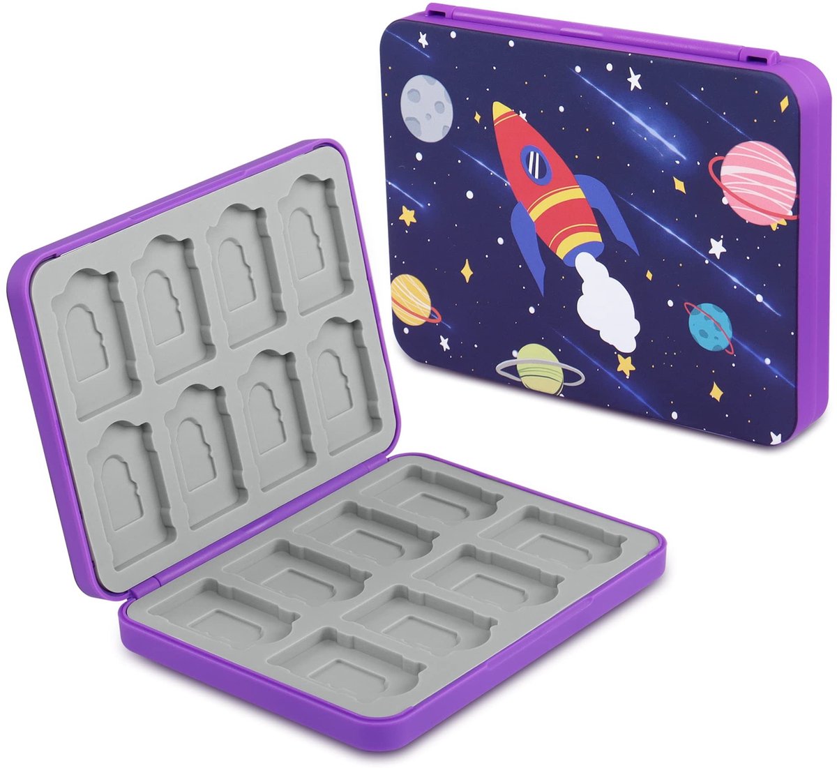QIANRENON 16 in 1 Game Card Organizer - Micro SD & NDS Switch Cassette Case - Paars met Sterrenpatroon