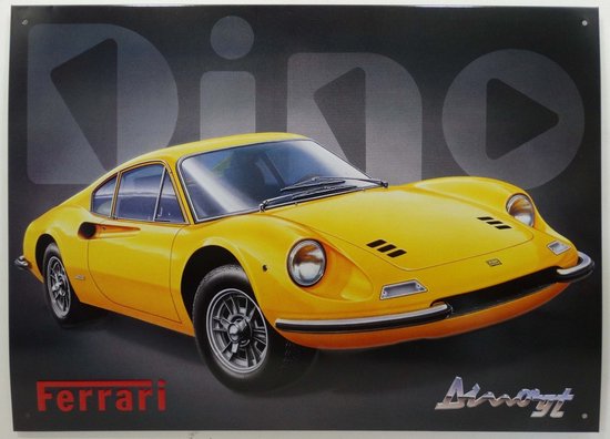 Ferrari Dino Metalen Wandbord - Ferrari Dino Geel - Vintage Reclamebord - Retro Auto Decoratie - Mancave Garage Bord - Wanddecoratie Woonkamer - Cadeau Man - 30x40 cm - Horeca - Reclameplaat - Cafe - Bar - Kroeg - Tekstbord - Vintage - Muurplaat