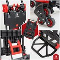 Gedetailleerde foto's van de zwarte en rode Jackmend opvouwbare steekwagen, inclusief wielen en plateau.