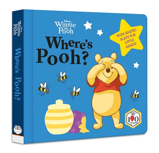 Winnie l'Ourson cherche en fermant ses yeux, entouré d'abeilles volantes et d'un pot de miel. "Where's Pooh?" est écrit en grand sur la couverture bleue.