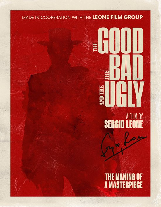 Poster met de titel 'The Good, the Bad and the Ugly', met de schaduw van een man met hoed. Tekst: 'A FILM BY SERGIO LEONE'.