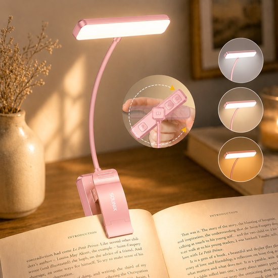 Sounix LED Leeslampje voor Boek met Klem - 315° draaibaar Leeslamp - 24 LED - Boeklampje met 3 Lichtstanden - Oplaadbare boeklamp USB - Dimbaar - Rose