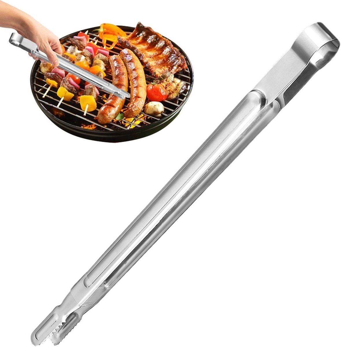 Grilltang Keukentang - Serveertang Kookgerei - Eten Draaien Koken - Geribbeld Antislip Ontwerp - 40 cm - Zilver
