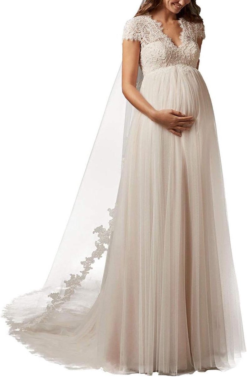 Bruidsjurk A-lijn - Lange Lace Jurk - Bruiloft Vieren - V-hals met Kant - Vloerlengte - Wit