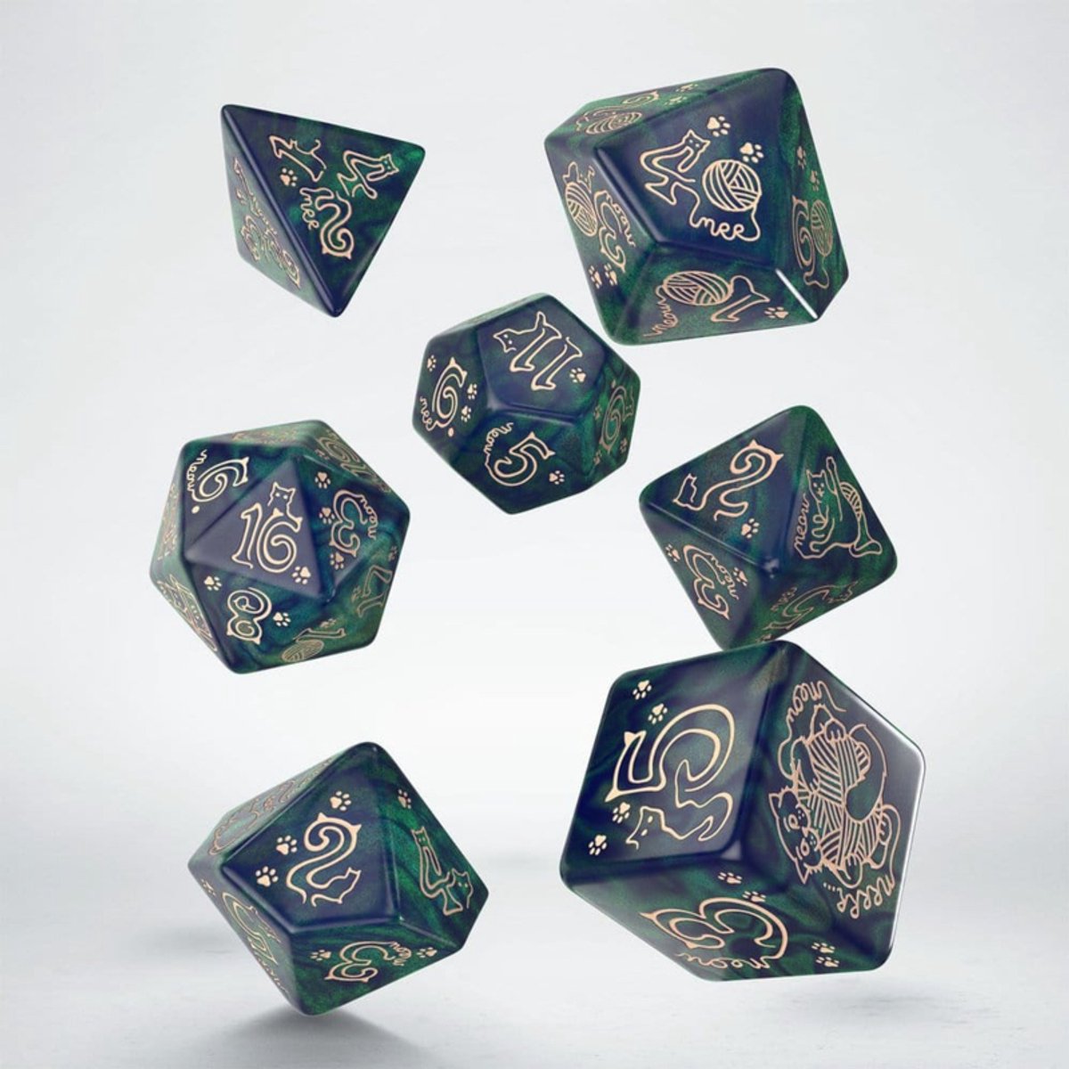 Q-Workshop dobbelstenen set jumbo katten Merlin groen goud.