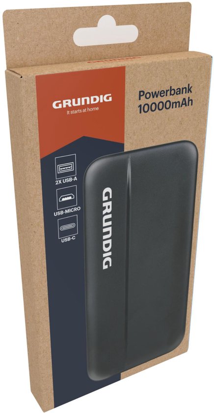 Verpakking van een zwarte Grundig powerbank. De doos vermeldt 'Powerbank 10000mAh' en '2x USB-A, USB-Micro, USB-C'.