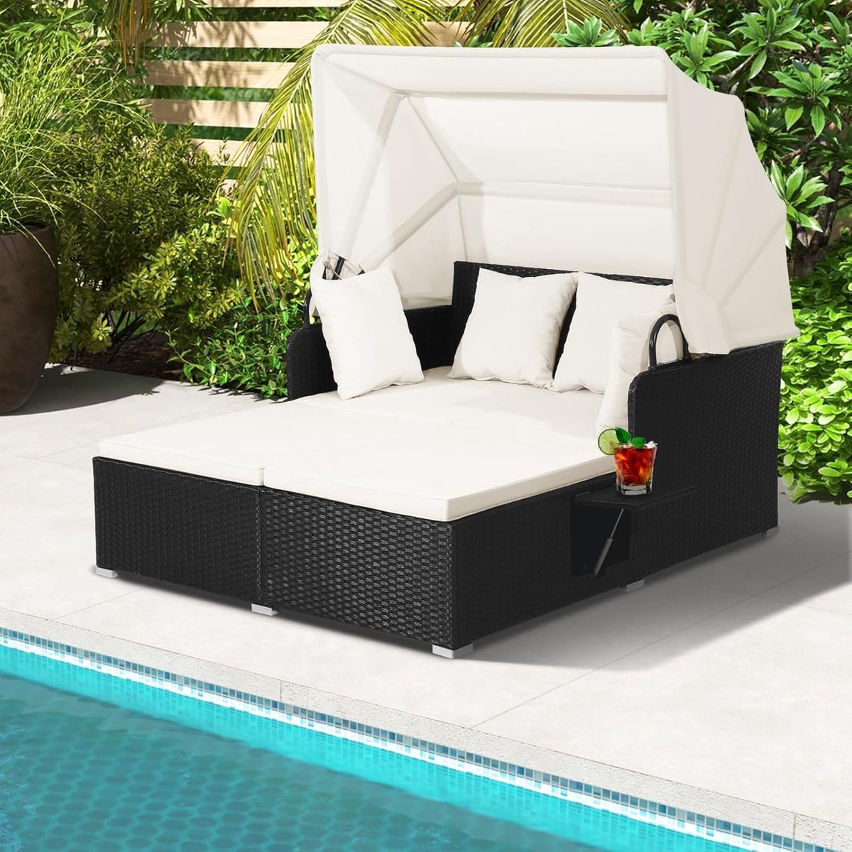 Luxe Tweepersoons Rattan Zonnebed met Dak, Kussens en Uitklapbare Tafels 165x153x138 cm – Dubbele Loungeset voor Tuin en Terras