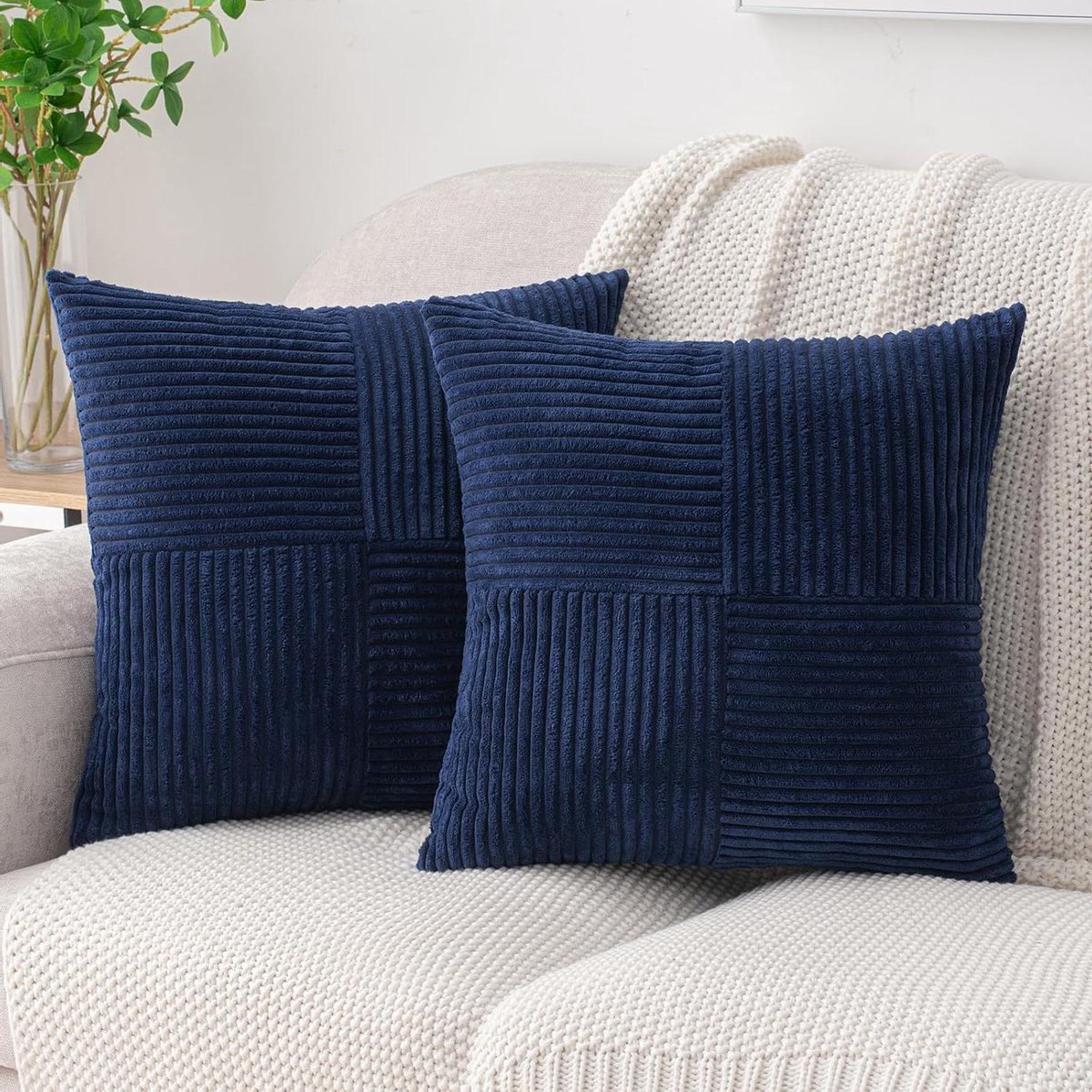HWY 50 Navy Blue Corduroy Patchwork Throw Pillow Covers 16 x 16 Inch 40 x 40 cm for Sofa L