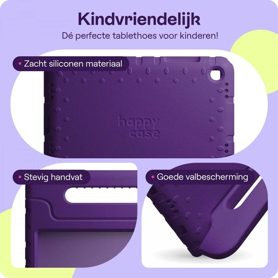 Paarse, kindvriendelijke tablethoes van zacht siliconen materiaal met stevig handvat en goede valbescherming.