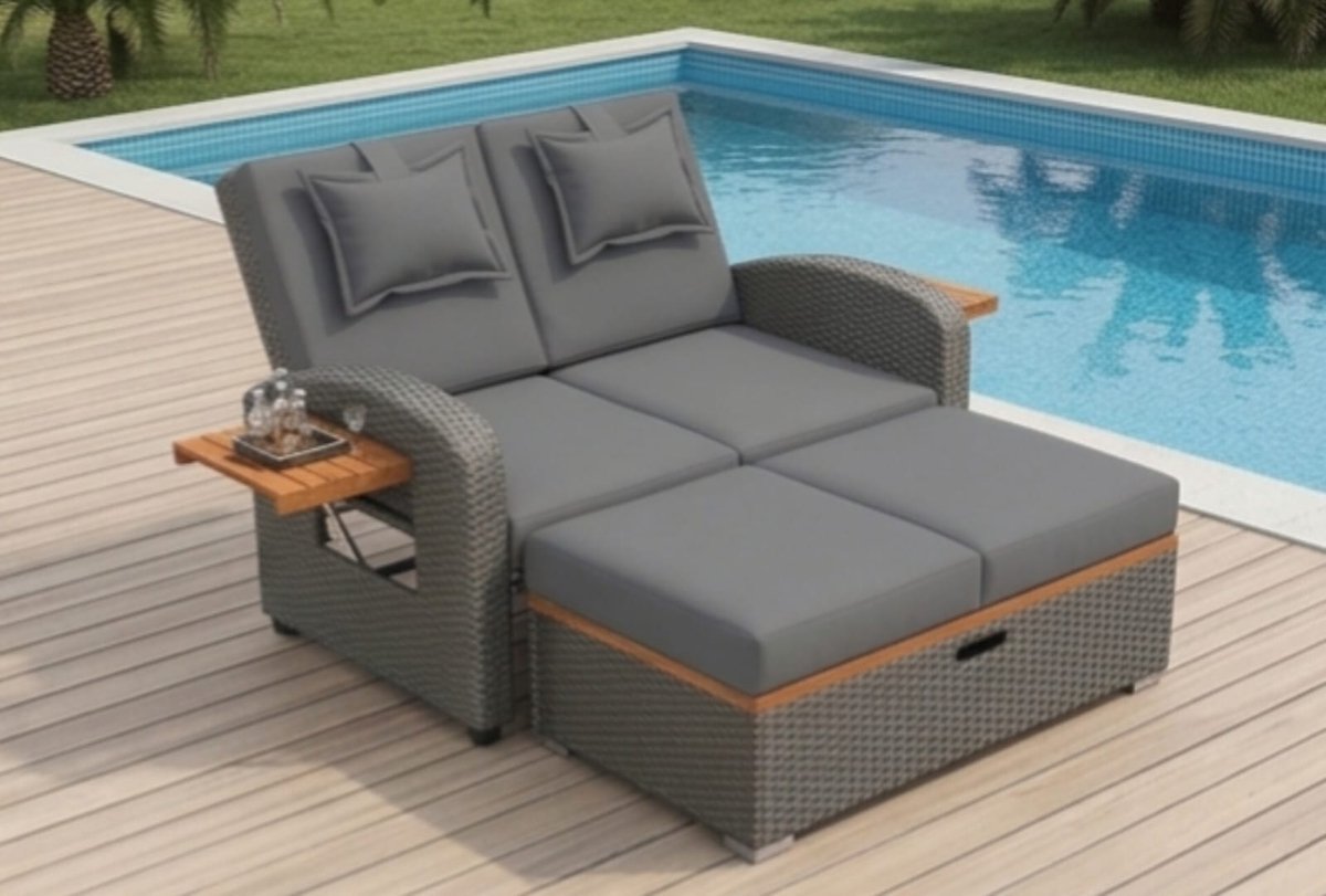 Zonneligbed 2-6 Personen 148 cm Liglengte – Sun Island Rotan Lounge met Opbergruimte, Voetenbank en Verstelbare Rugleuning – Weerbestendig Tuin Loungebed – Grijs – Urbanhome