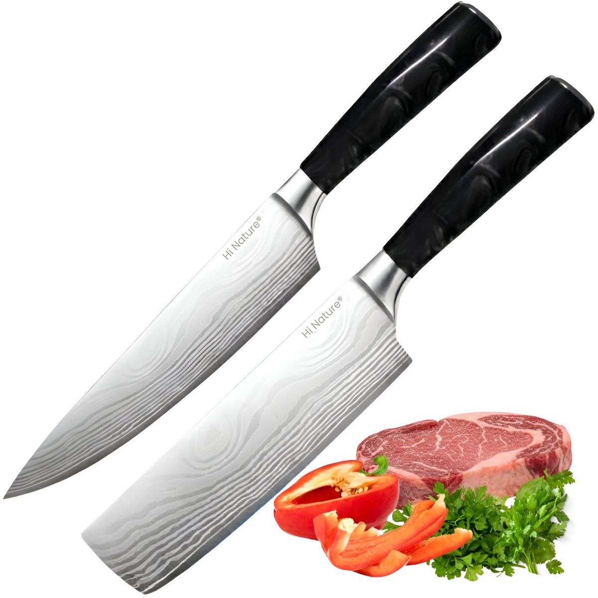HI NATURE™ Koksmessen set 2 | Messensets 2-Delige Koksmes 20 cm & Nakiri Mes 17 cm Lemmet - Koksmes japans - Chef knife Damascus Patroon - Keuken Mes - Japans Snijmes | Ergonomisch Handvat - Japanse messen - Zwart