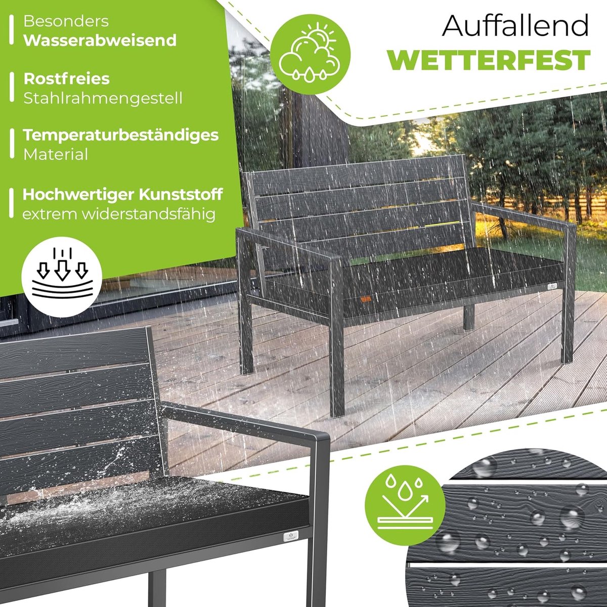 Rustica Houtlook Tuinbank met Kussen 120 x 64 x 78 cm Weerbestendige 2-Zits Tuinbank Balkonbank UV-Bestendig Kunststof met RVS Frame Max 300 kg – Casa Dorada