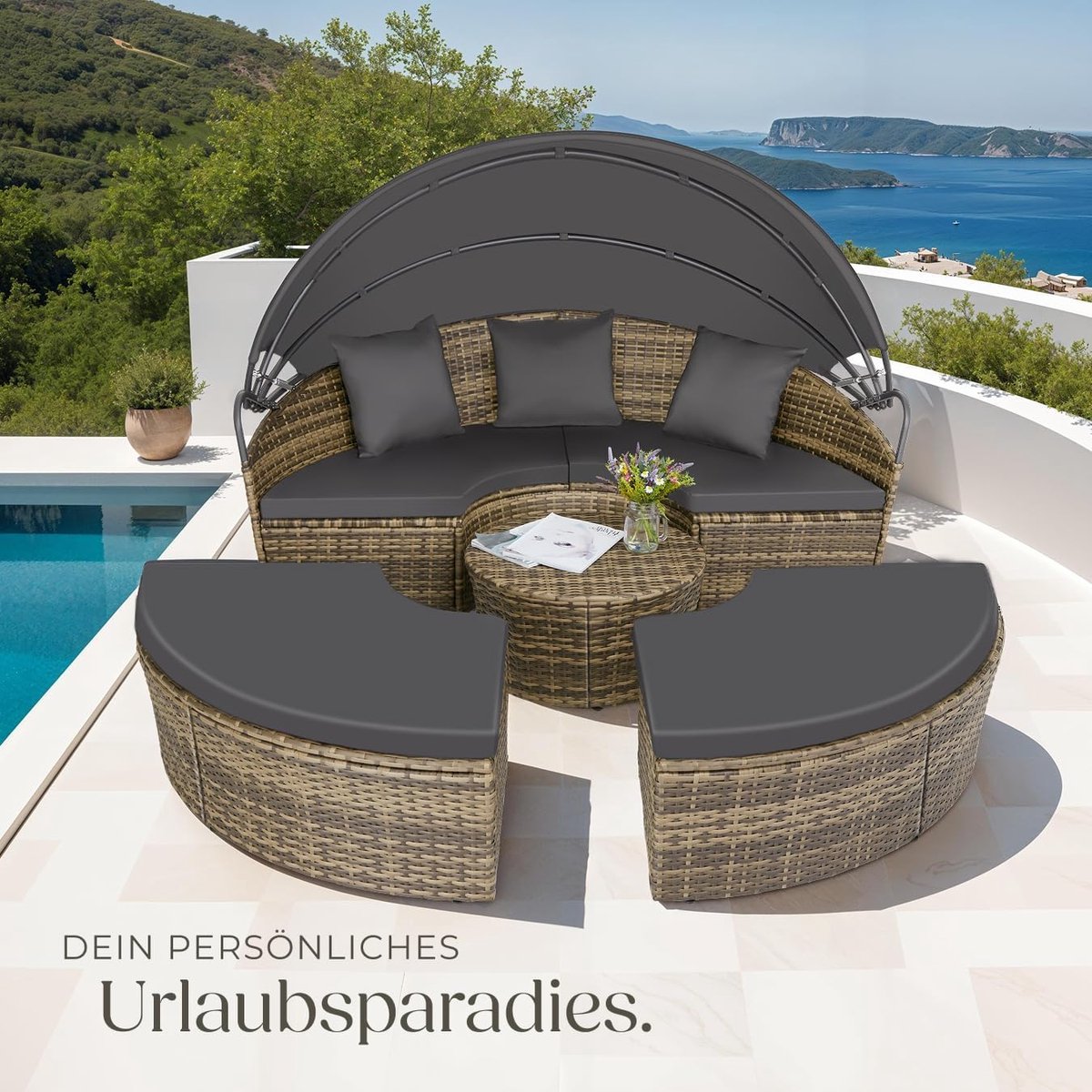 Luxe Rattan Lounge Eiland met Zonnedak en Tafel 175 x 171 x 83-136 cm – Multifunctioneel Lounge Bed en Tuin Loungeset voor 2-4 Personen – Weerbestendig Polyrattan