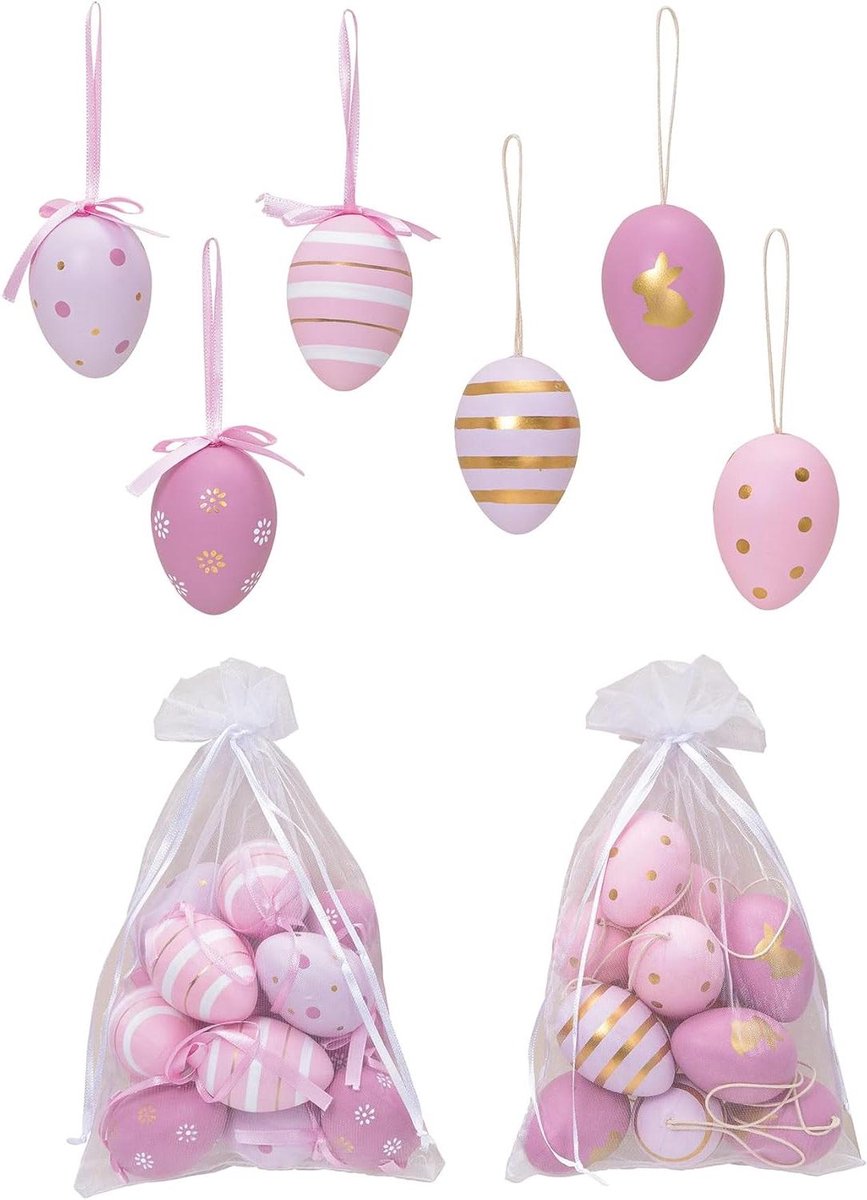 Decoratieve paaseieren - Hangdecoratie Pasen - Paasversiering - Set van 24 stuks - 4x6x4 cm - Roze goud