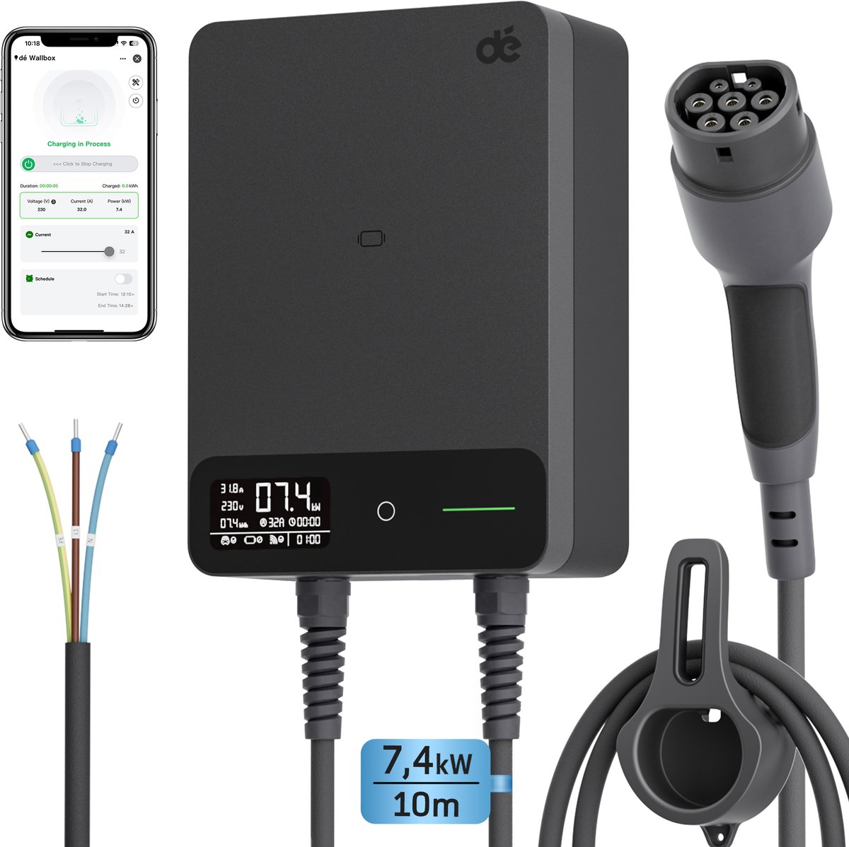ABSINA E-car laadstation, wallbox type 2 met RFID-functie, instelbare