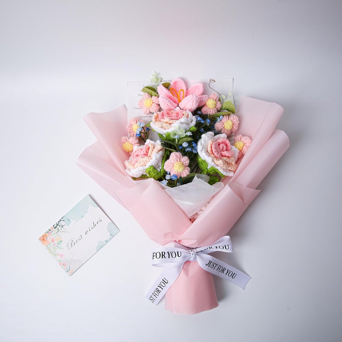Gehaakt bloemenboeket - Kunstbloemen Roos Tulp - Decoratie Woonkamer - Handgemaakt Uniek Cadeau - 40cm Hoog - Roze