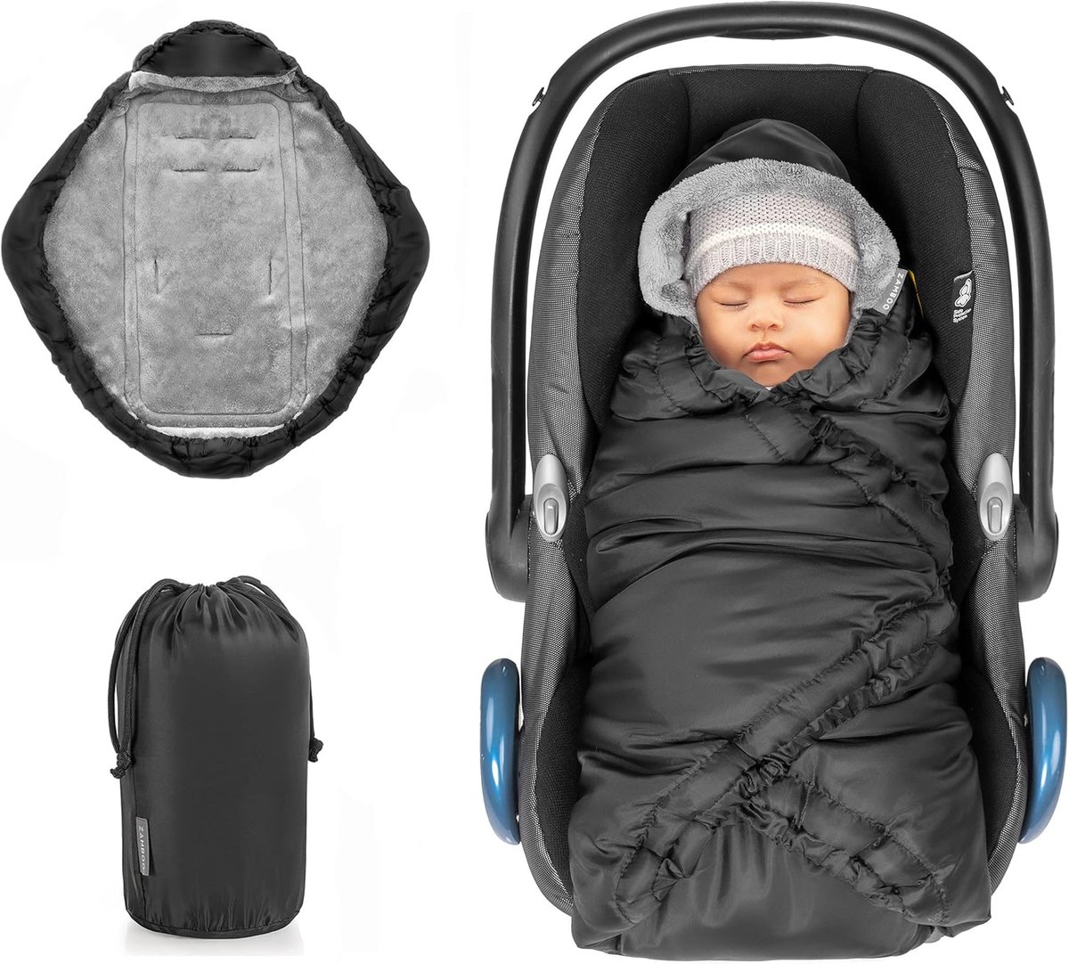 Baby Wikkeldeken - Omslagdoek Autostoel - Warmhouden Baby - Met Capuchon - 90 x 90 cm - Zwart