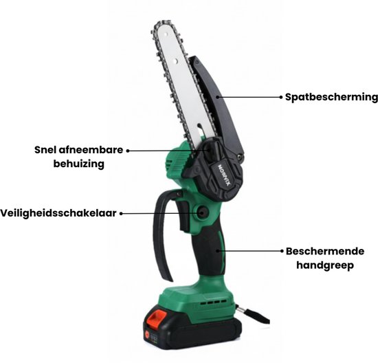 Norvix® Elektrische Mini Kettingzaag - Brushless Snoeizaag - 2 Geleiderails & 2 Kettingen - 4 & 6 Inch - 2 Accu's - Inclusief Opbergkoffer en Accessoires - Groen van Merkloos	 — afbeelding 3