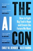Boek 'The AI Con' met de tekst 'AI' in groot wit en 'THE CON' in groot zwart, met citaten.