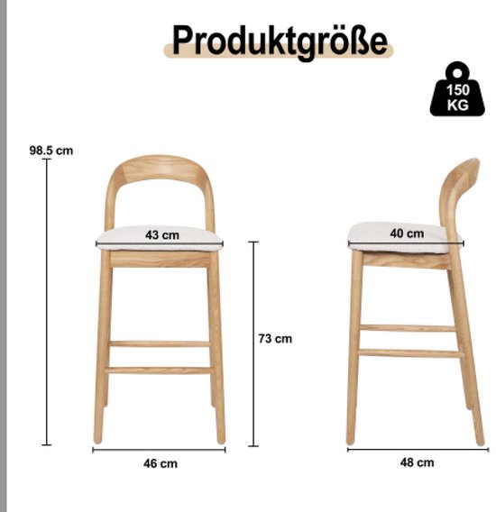 Tabouret de bar en bois Lilah Naturel/Blanc, Design intemporel, Cadre en bois de frêne, Assise rembourrée - Naturel/blanc
