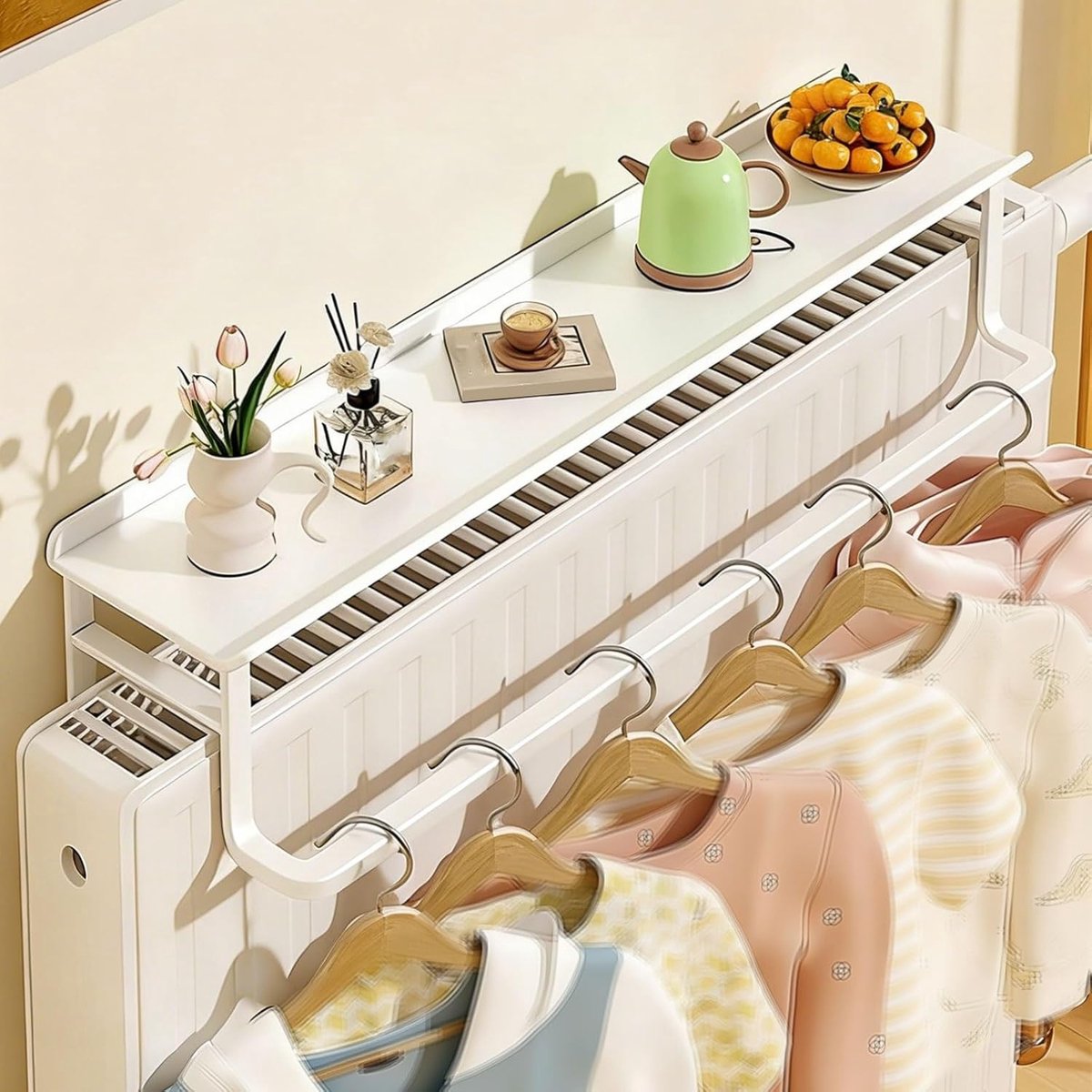 Radiator Plankdragers - Opbergrek Kledingrek - Extra Ruimte Creëren - Boren Niet Nodig - 40x14x12 cm - Wit