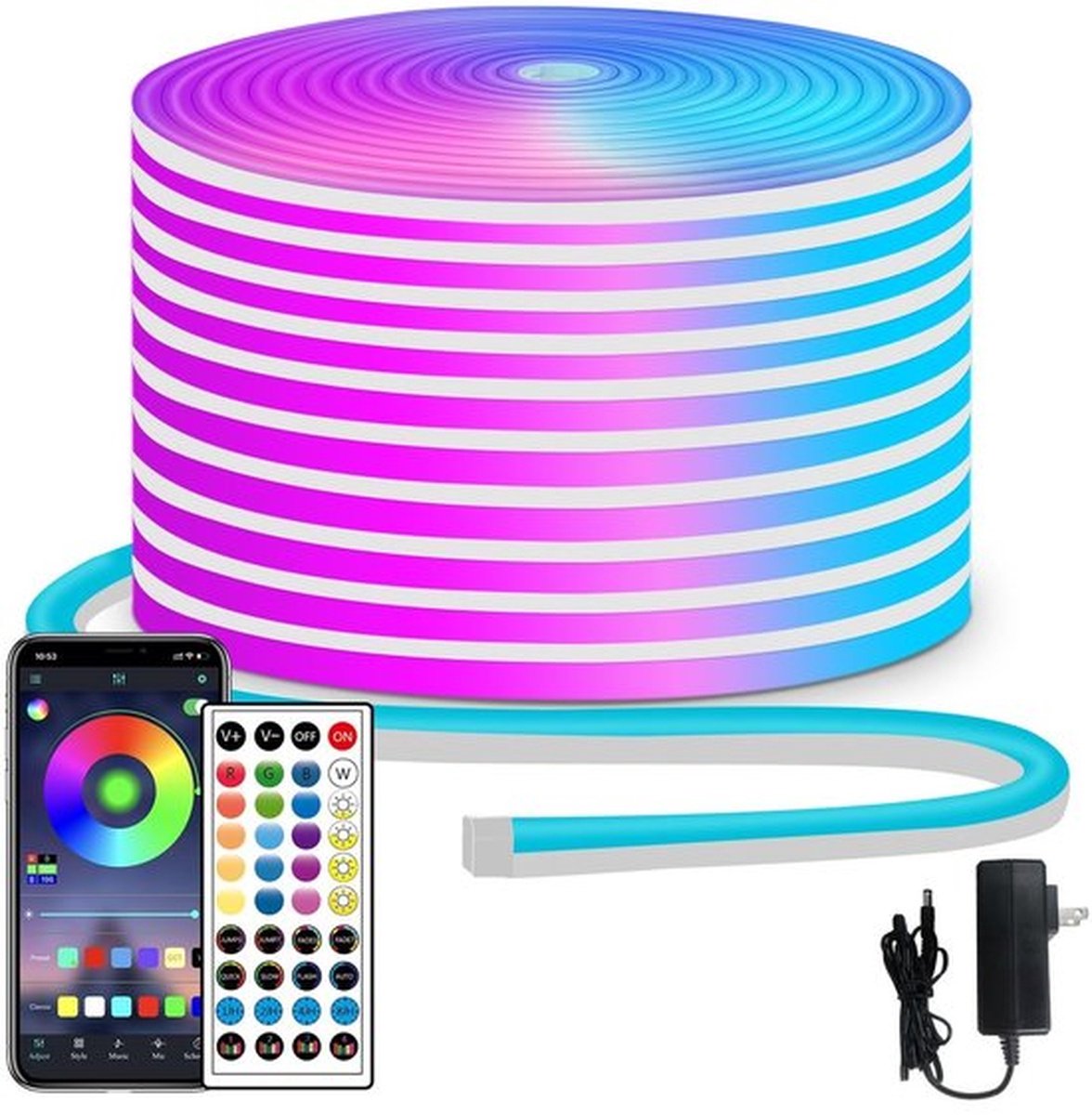 20M RGB LED neon touwverlichting LED neon stripverlichting met afstandsbediening/app-bediening IP65 24V waterdichte flexibele neon LED stripverlichting, led-verlichting voor slaapkamer en buitendecoratie.