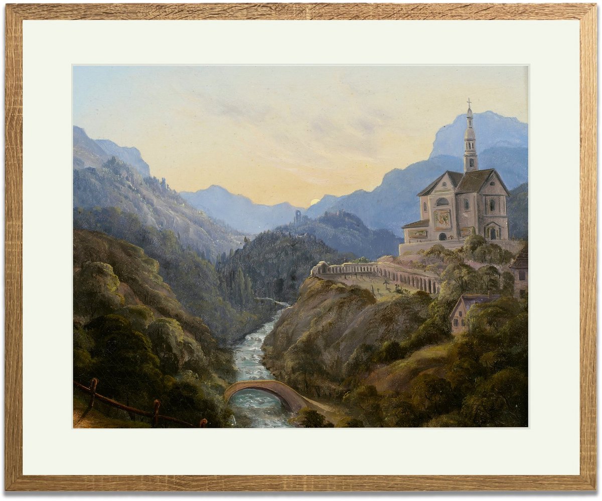 Alpendal bij zonsondergang - Ingelijste Muurkunst - 63x53cm lichtbruin frame - Glasplaat en Passe-partout - Museum kwaliteit print
