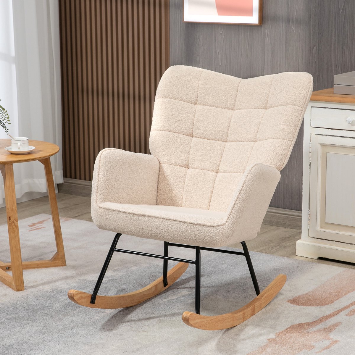 Wishdor - Schommelstoel - Zacht Schommelend En Met Hoge Rugleuning - Modern Accentmeubel - Voor Slaapkamer - Polyester Bekleding Met Getufte Rugleuning En Armleuningen - Beige - 71 X 98 X 101 Cm