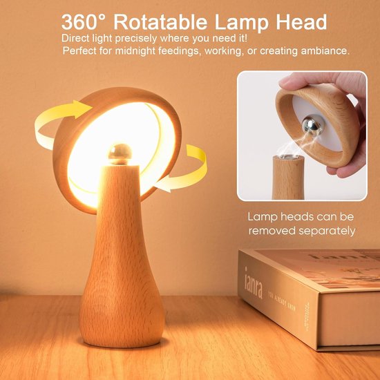 Enkele Houten Paddenstoel Lamp - Touchschakel - Oplaadbaar - 360° Draaibaar - Traploos Dimmed - Voor Nachtkast en Woonkamergebruik van Merkloos — afbeelding 2
