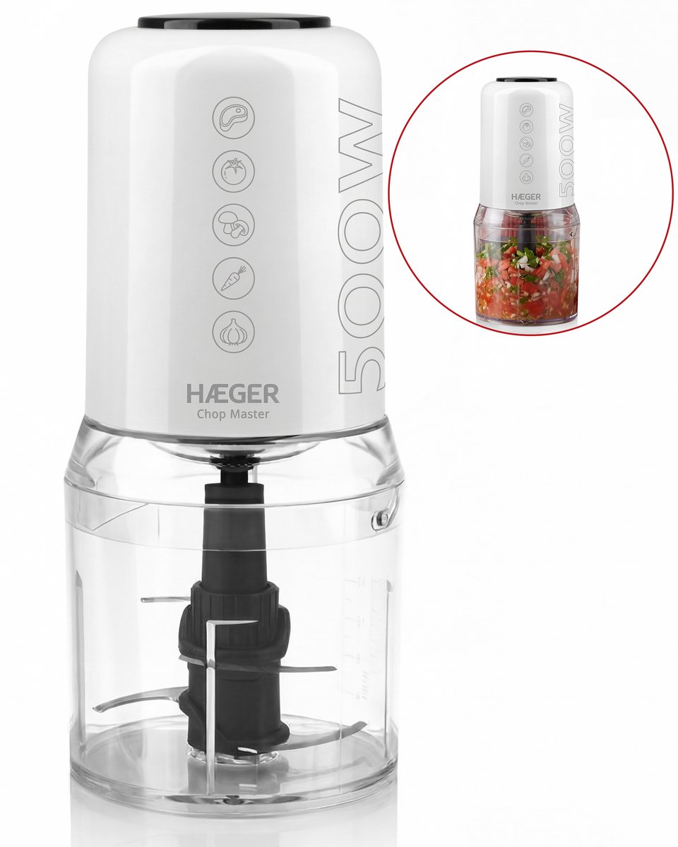 Haeger Hakmolen Electrisch Chop Master - Krachtig & Afneembare Messen - 500W - 500ml - 2 Snelheden - Food Chopper - Wit