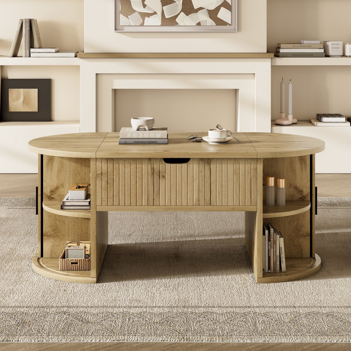 MODFU Salontafel - Hoogteverstelbaar, Met Schuifdeuren - Retro - Voor Woonkamer En Thuiswerkplek - MDF - Eikenkleur - 100 X 50 X 40,5 Cm