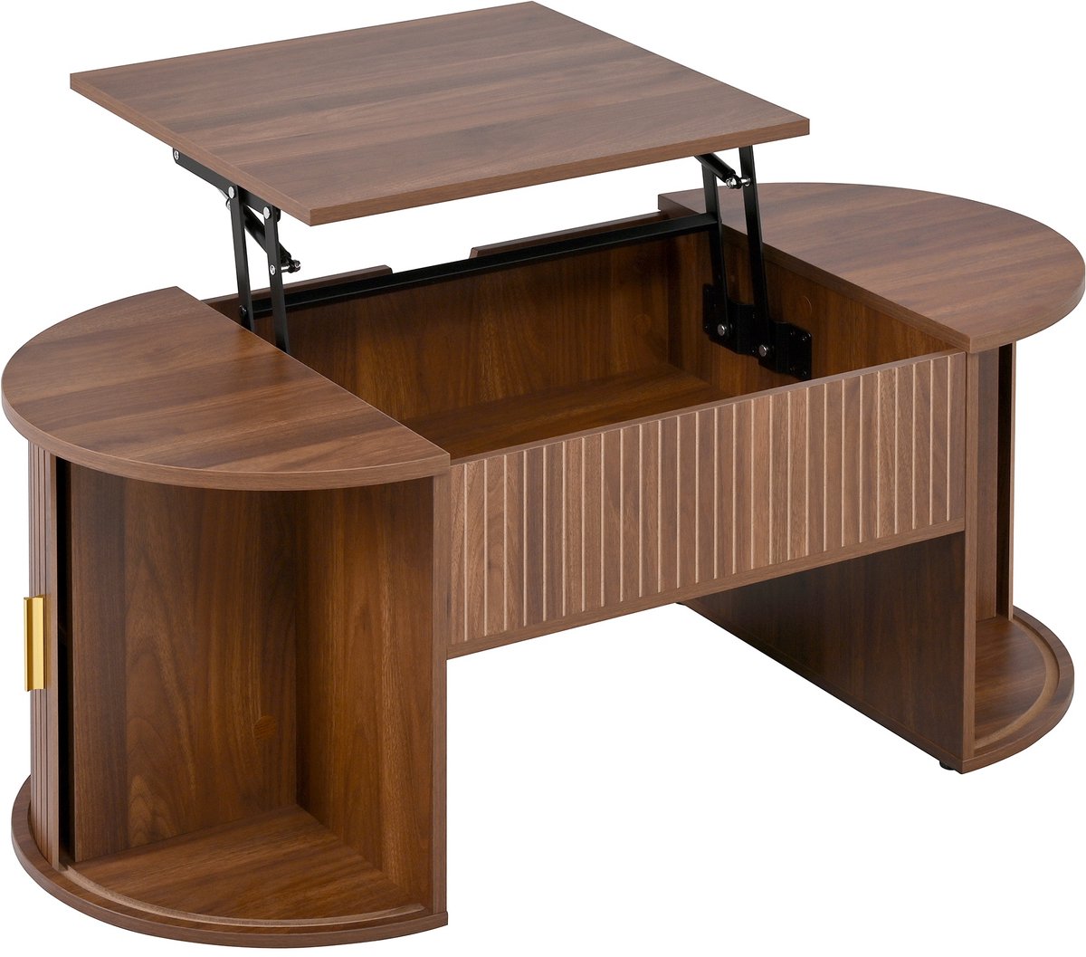 MODFU Salontafel 100×50×40,5 cm – Hoogte verstelbaar met schuifdeuren & open vakken – Ovaal retro design – Verborgen opbergruimte – MDF – Walnootkleur Okkernoot
