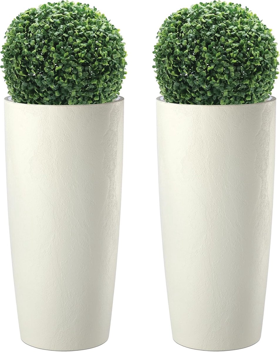 Hoge Plantenbak - Bloempot Met Onderzetter - Binnen En Buiten - Betonlook Design - 35x70 En 35x90 - Amandel
