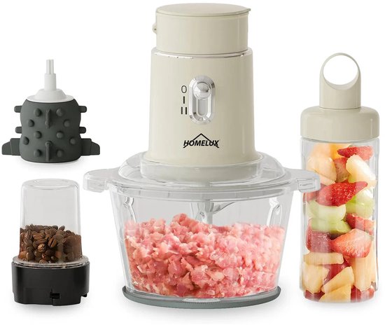 Set van een beige Homelux hakmolen, gehakt in de kom, fruit in de beker, molen met koffiebonen, en een grijze vleesmolen opzetstuk.