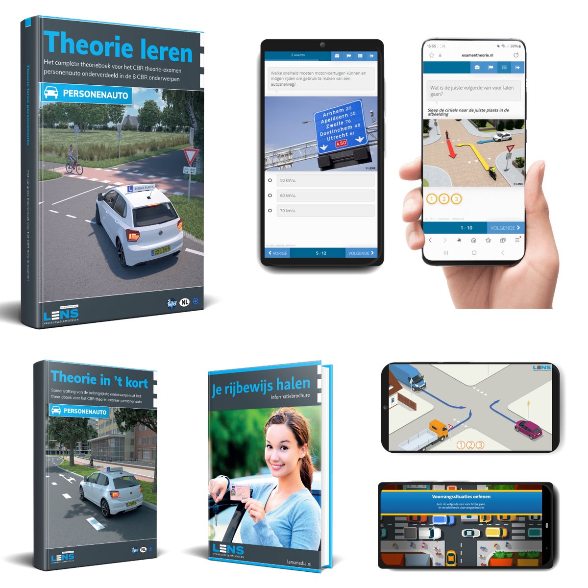 Omslag van Auto Theorieboek 2026 met Samenvatting en Onbeperkt 3250 Online Oefenvragen, 8 Toetsen & 60 Examens + Mobiele Apps + CBR informatie - Auto Theorie Leren Rijbewijs B - Lens Media