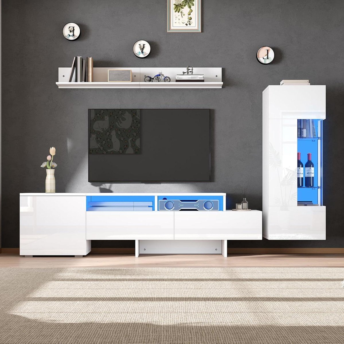 TV Woonwand Set - TV Meubel Set - Woonkamer Inrichting - App Bedienbare LED - Tot 70 Inch - Hoogglans Wit
