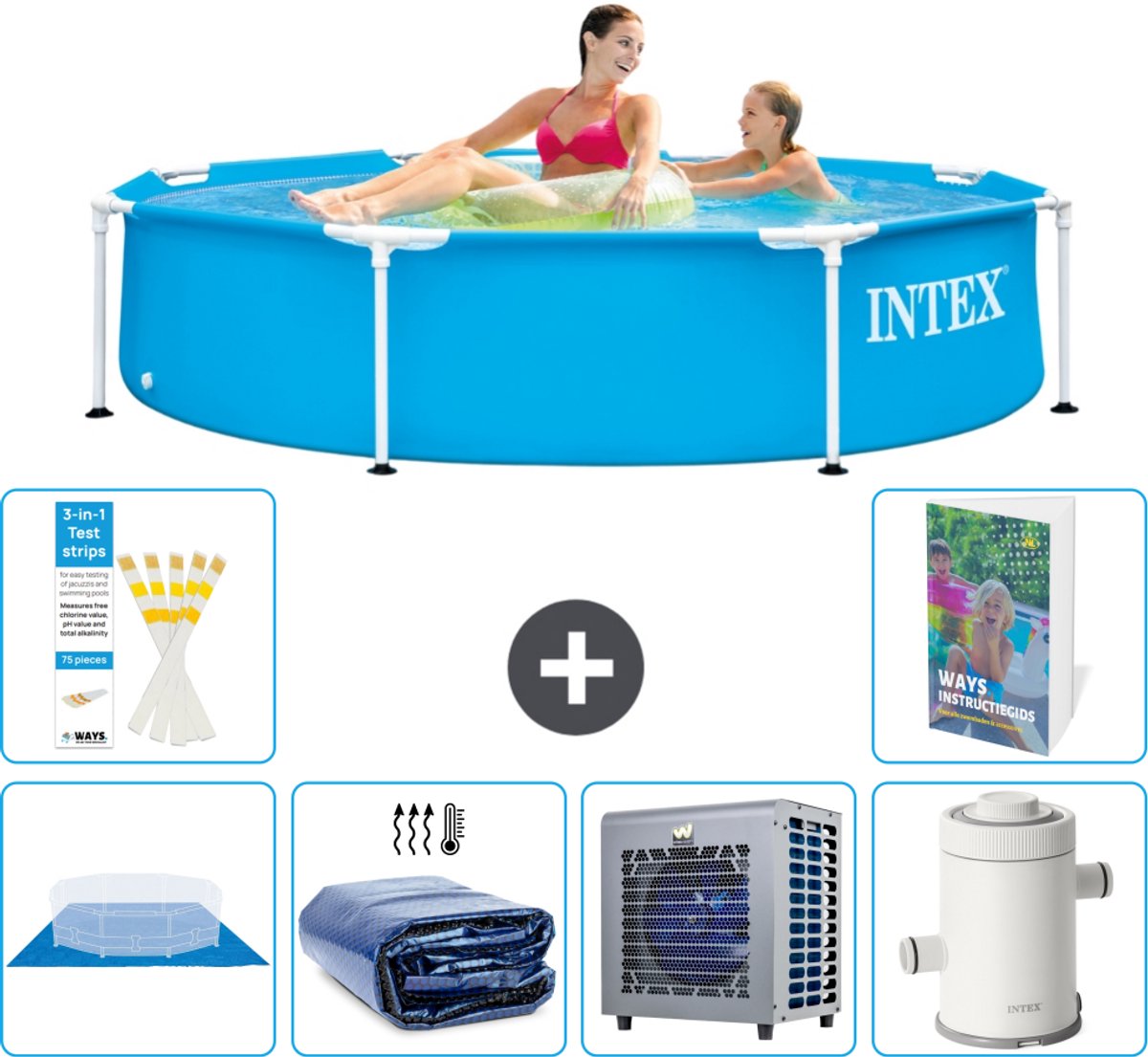 Intex Rond Frame Zwembad - 244 x 51 cm - Blauw - Inclusief Grondzeil - Solarzeil - Warmtepomp - Zwembadfilterpomp - 7-delig